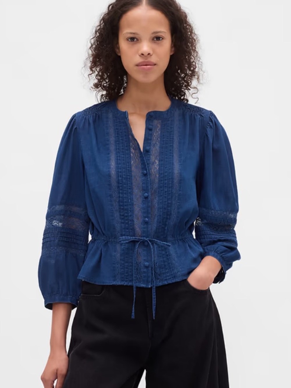Gap Indigo Lace-Trim Voile Peasant Top NWT XS